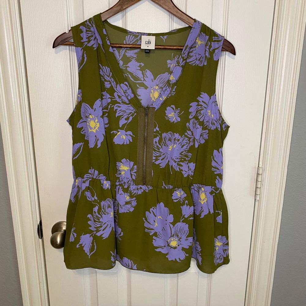 Cabi Women Green Purple Floral Peplum Sleeveless Blouse Top Medium Cottagecore